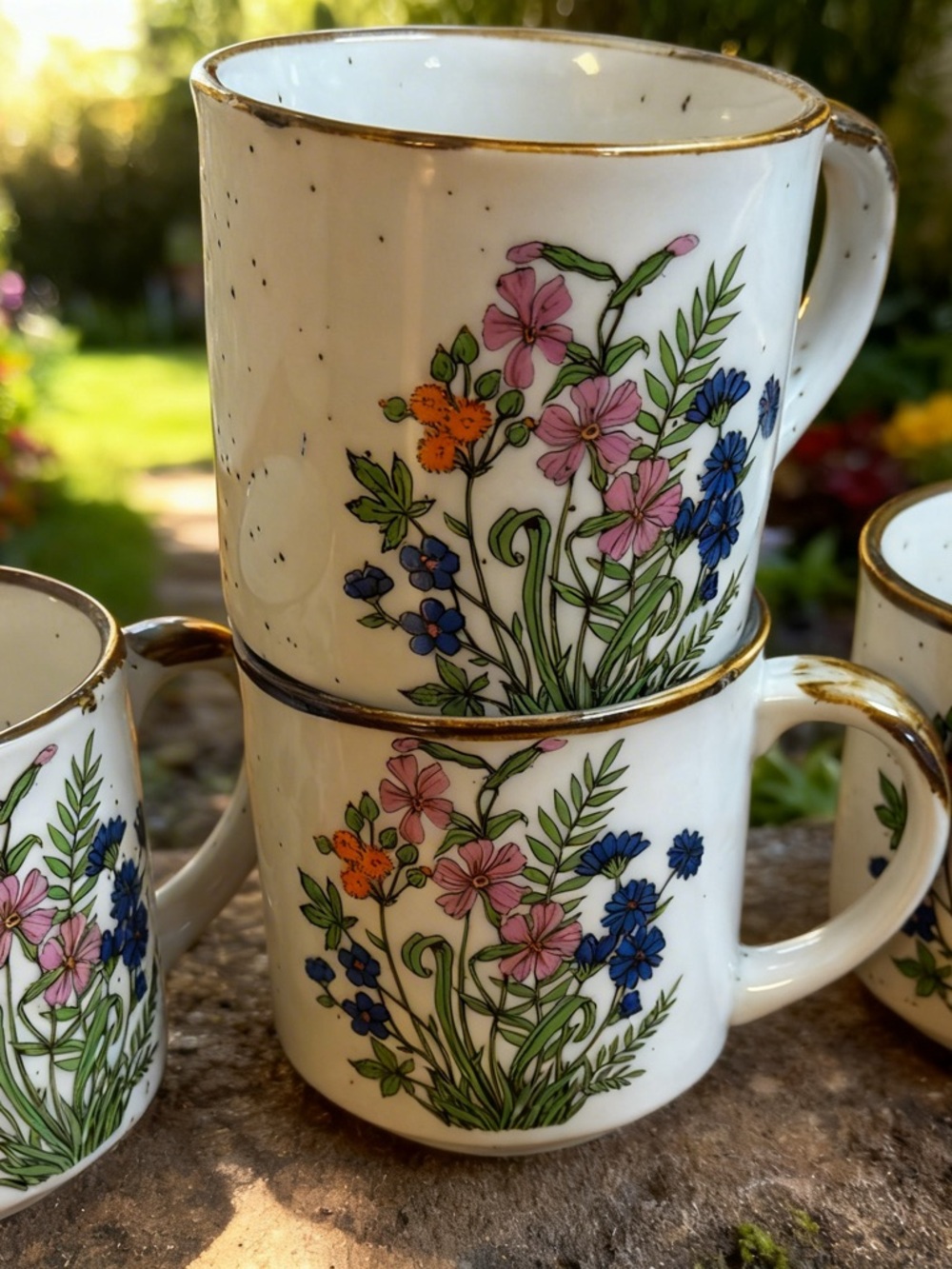 1970’s Set of 4 Japanese Stoneware Coffee Mugs Speckled Cream Glaze, Wildflowers